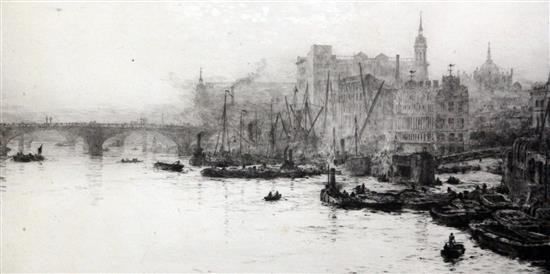 William Lionel Wyllie (1851-1931) The City from Waterloo Bridge and another Thames scene, 6.5 x 15in. and 8 x 16in.